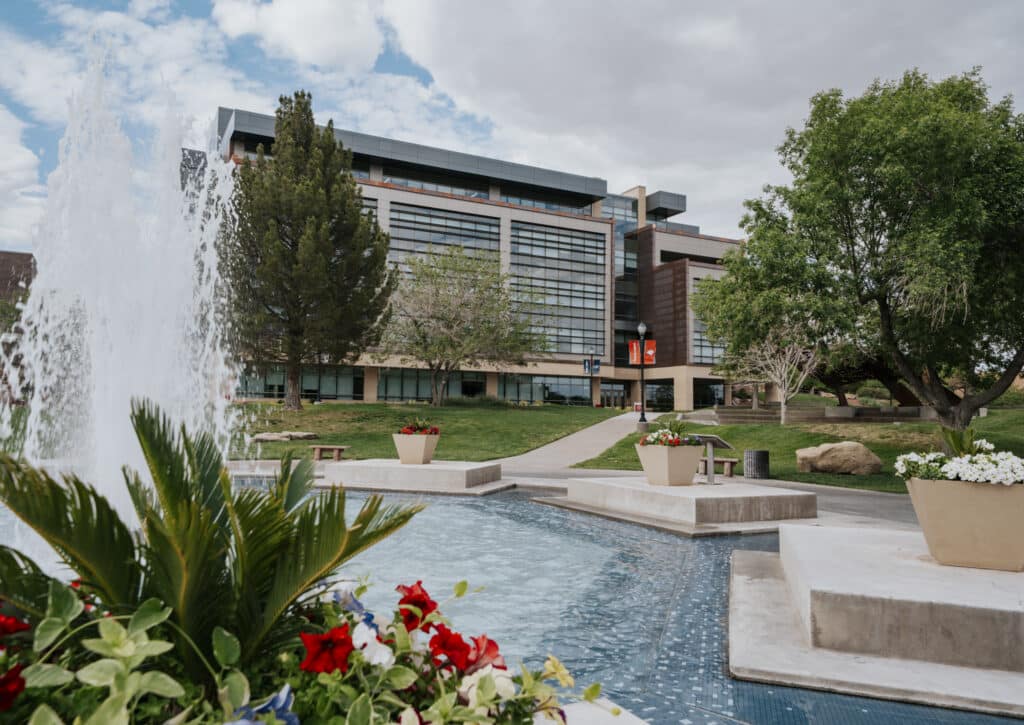 Fountain and landscaped campus plaza in St. George, UT